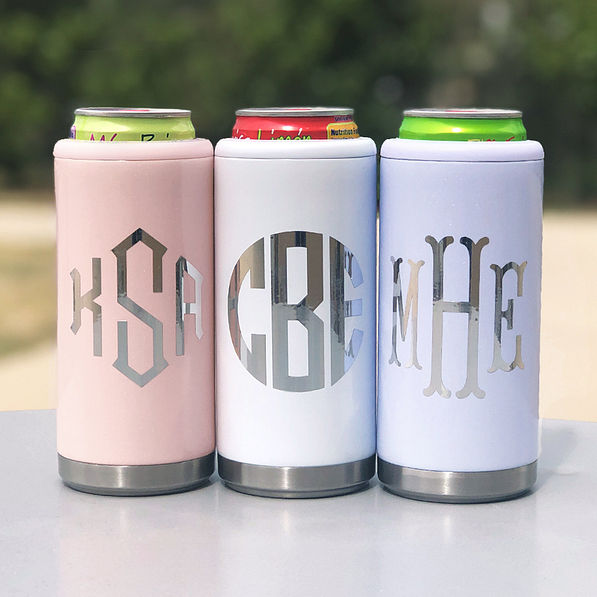 monogrammed skinny can cooler in silver