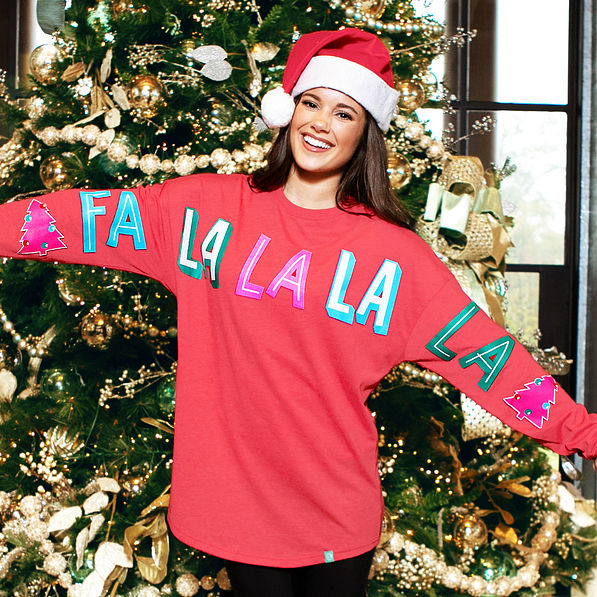 fa la la long sleeve shirt in front of christmas tree