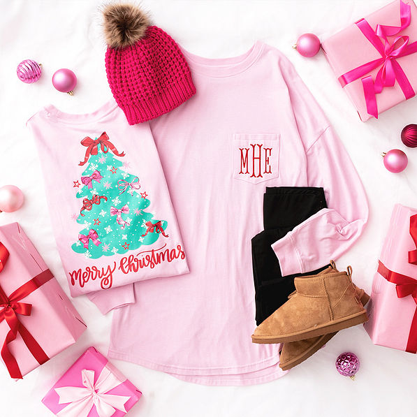 light pink christmas tree shirt flatlay