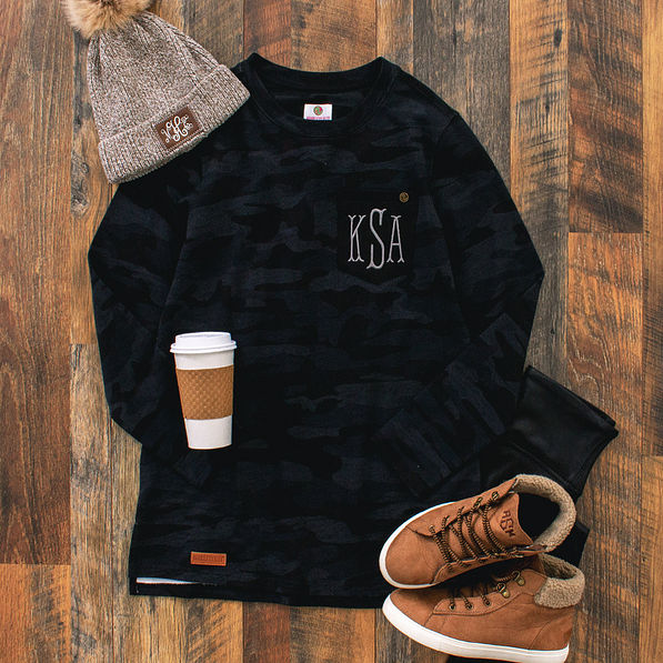 monogrammed camo sweatshirt ootd