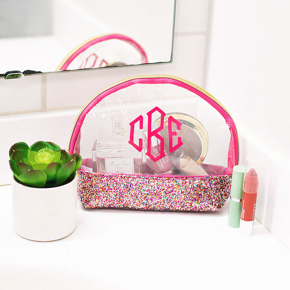 clear confetti cosmetic case in bathroom