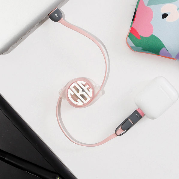White Monogrammed Retractable Charging Cord