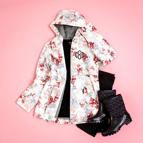 monogrammed floral rain jacket with rainboots