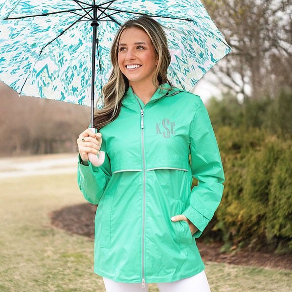 mint new england rain jacket on meg