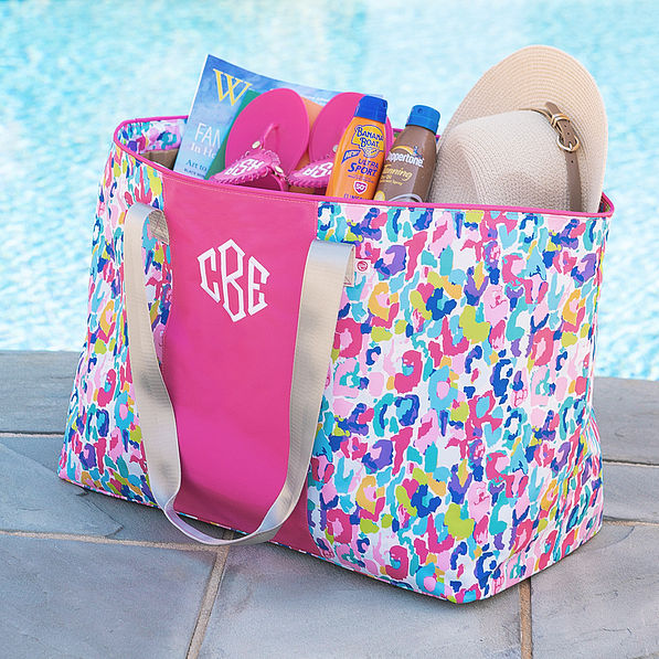 monogrammed extra large tote bag in watercolor cheetah with beach accessories