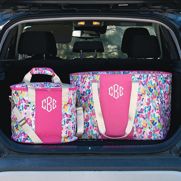 personalized cooler and extra large tote bag in watercolor cheetah in trunk