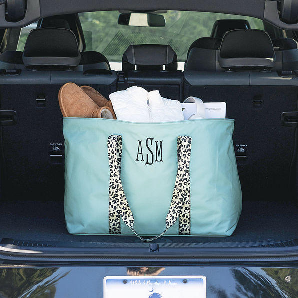 faded mint personalized extra large tote bag in car trunk