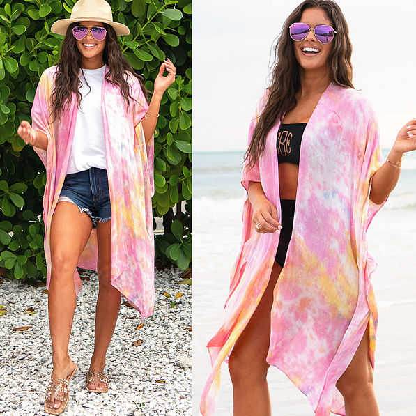 tie dye kimono cover up with bathing suit and with jean shorts