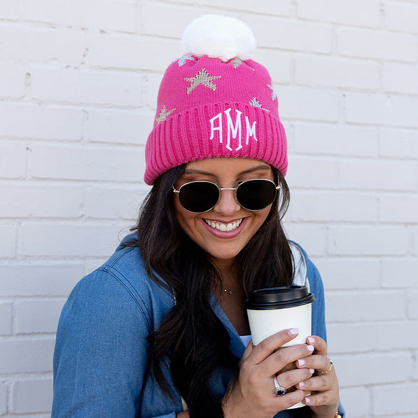 Monogrammed Pom Pom Beanie