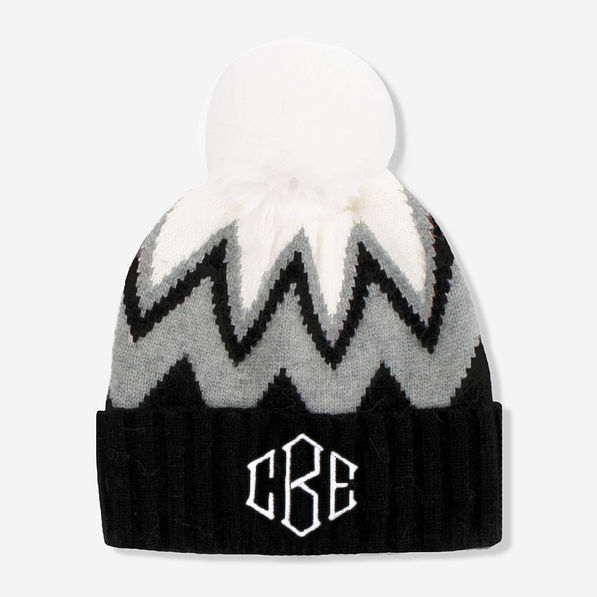 Monogrammed Pom Pom Beanie in Black & White