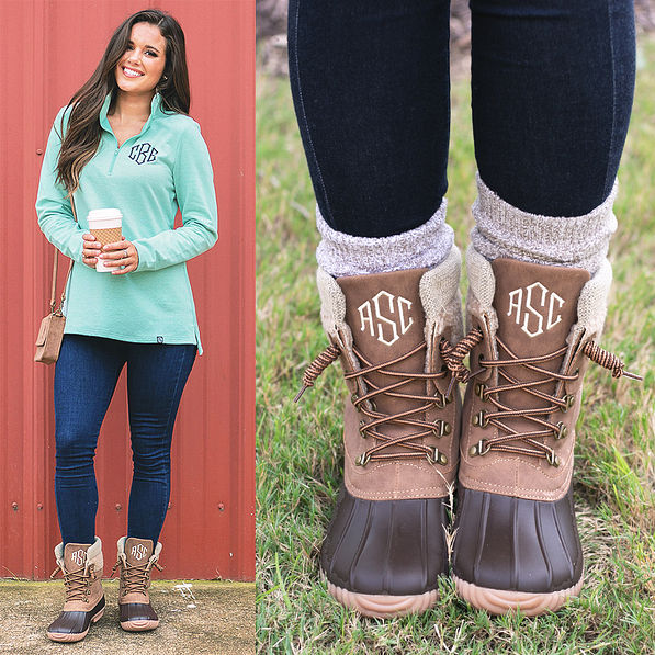 pullover sweatshirt and duck boot socks with fold over duck boots