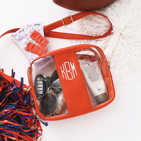 orange personalized clear stadium crossbody with pom pom