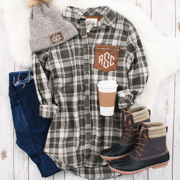 monogrammed plaid layering tunic with monogrammed waxed canvas duck boots and beanie