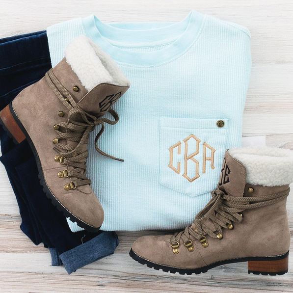 sueded lace up boots with monogrammed corded sweatshirt