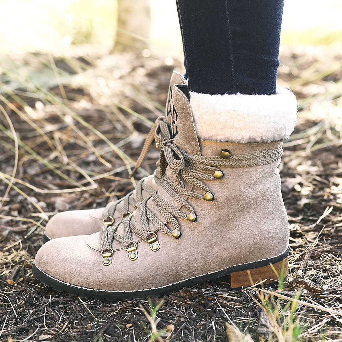 Tan Suede Lace Up Boots with Sherpa Topper - Marleylilly