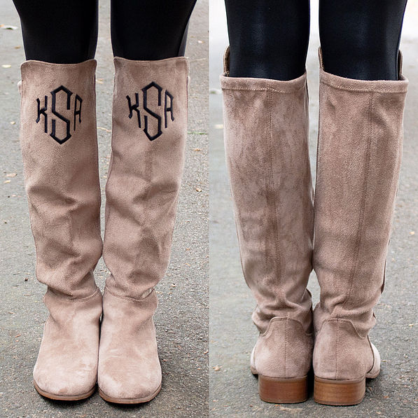 front and back of monogrammed riding boots