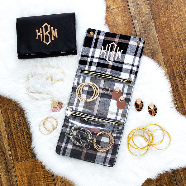 unfolded black plaid nylon jewelry folio