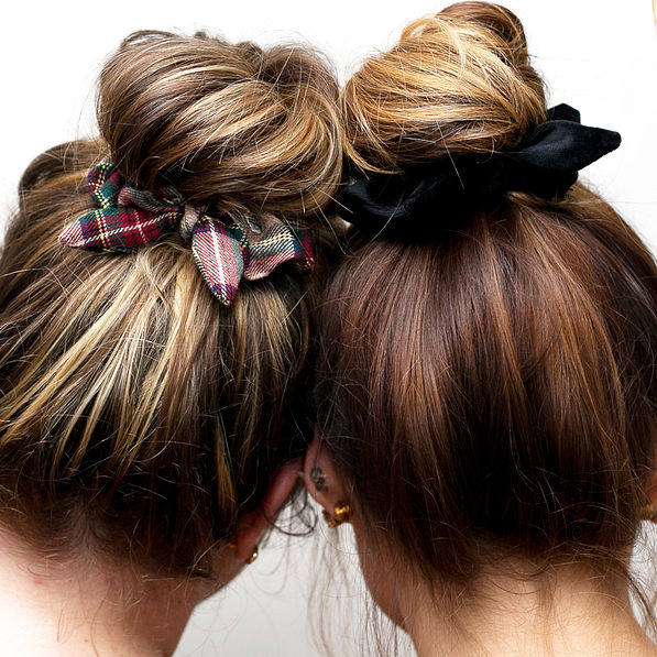 camel plaid and black velvet scrunchies in bun