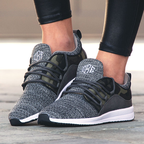 monogrammed camo athletic sneakers with foot popped