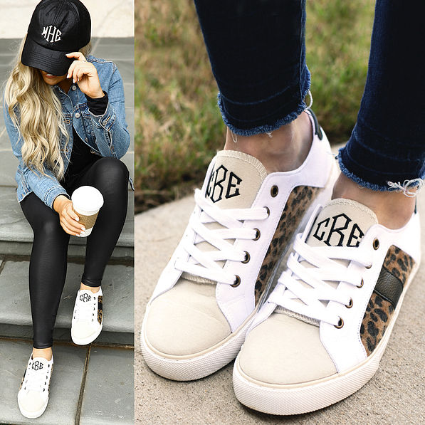 leopard sueded sneakers with jean jacket and monogrammed baseball hat