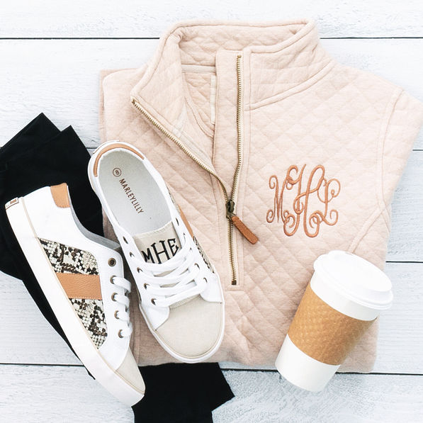 snakeskin sueded sneakers with monogrammed quilted pullover sweatshirt