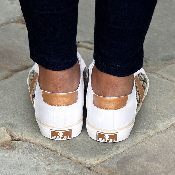 back of monogrammed snakeskin canvas sneakers