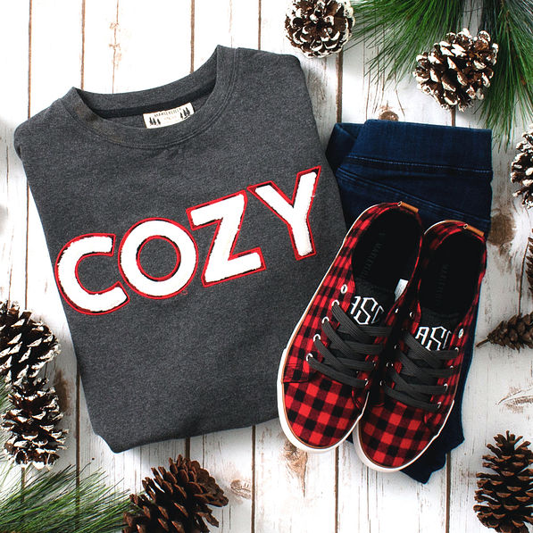 monogrammed buffalo plaid sneakers with cozy sweatshirt