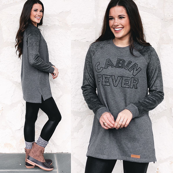cabin fever sweatshirt front and side with leggings and duck boots