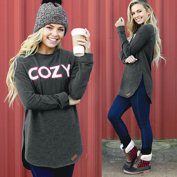 cozy applique sweatshirt front and side