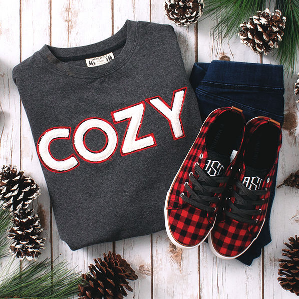 cozy sweatshirt with monogrammed buffalo plaid sneakers