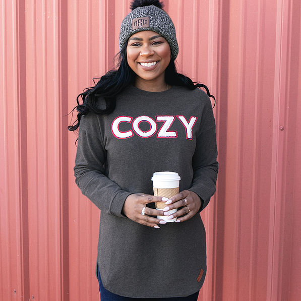 cozy sweatshrit with monogrammed beanie