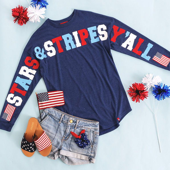 long sleeved stars and stripes jersey with denim shorts