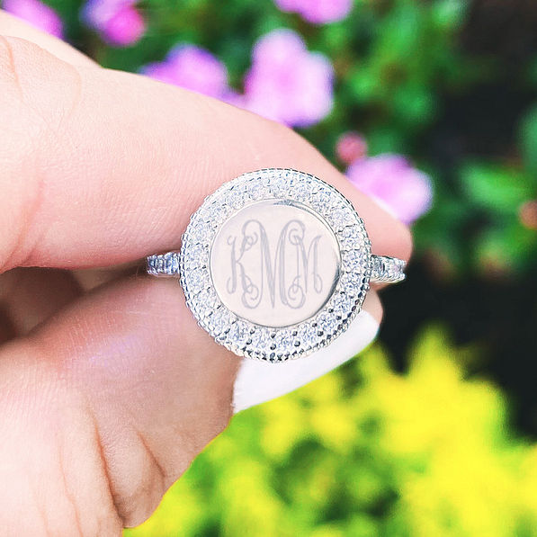 Monogrammed Sterling Silver Pave Ring - Marleylilly