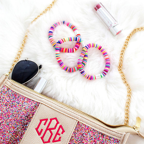colorful rainbow beaded bracelets with confetti crossbody