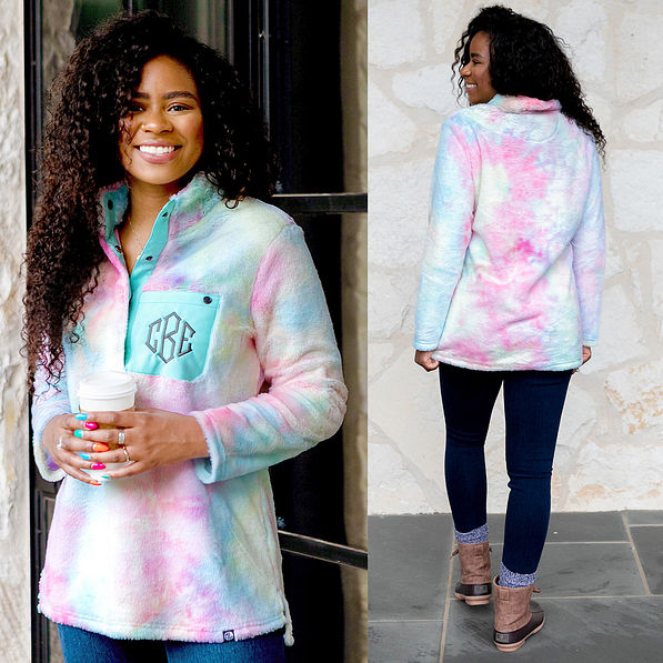 front and back of monogrammed tie dye sherpa pullover