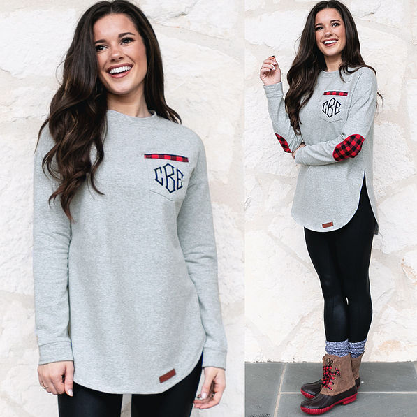 front and side shot of monogrammed buffalo sweatshirt