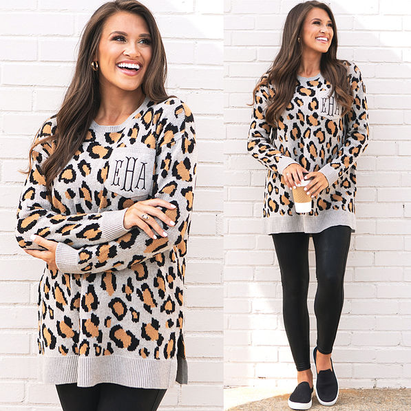 monogrammed leopard boyfriend sweater with leggings