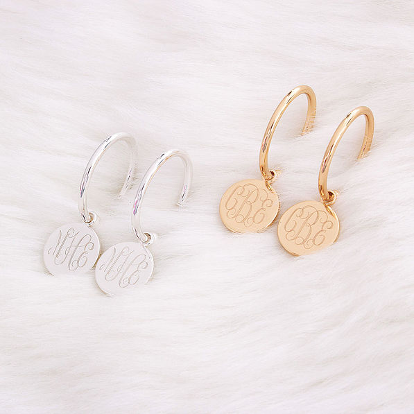 monogrammed hoop disc earrings in gold and silver