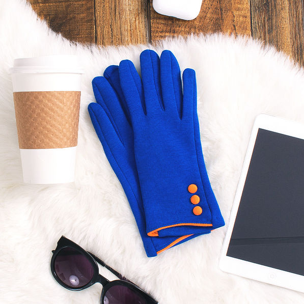 blue gloves with orange buttons