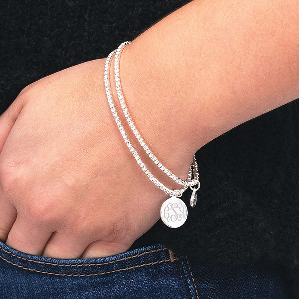 set of 2 rhinestone bracelets with monogrammed disc