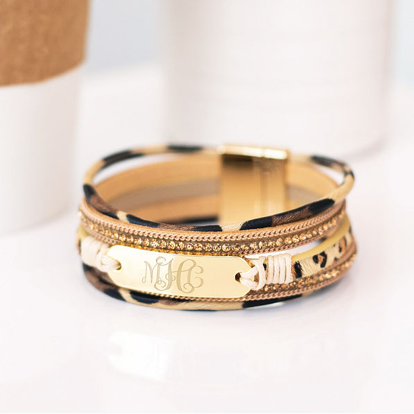 monogrammed leopard bar bracelet stack