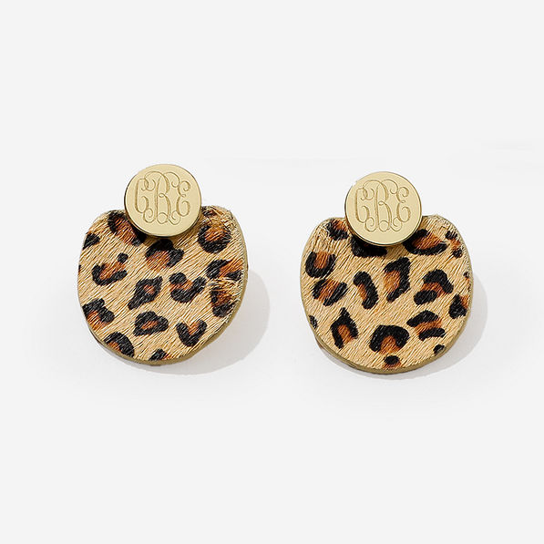 monogrammed fan earrings in leopard