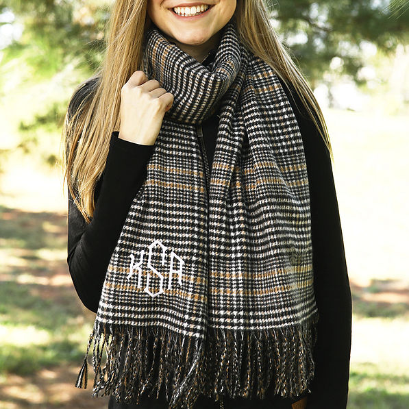 girl wearing monogrammed black herringbone scarf
