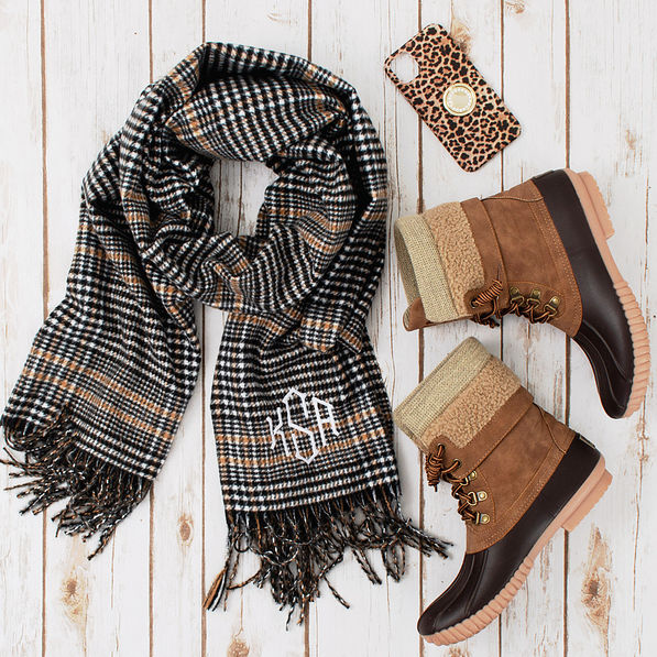 monogrammed black herringbone scarf with monogrammed explorer duck boots and leopard phone case