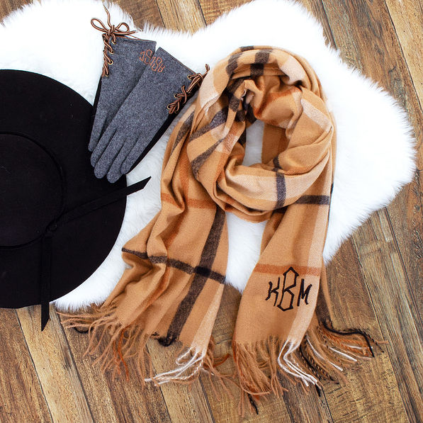 monogrammed tan plaid scarf with gloves and hat
