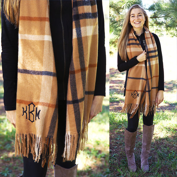 monogram detail on plaid fringe scarf