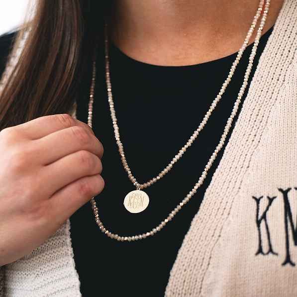 monogrammed necklace with gold beads