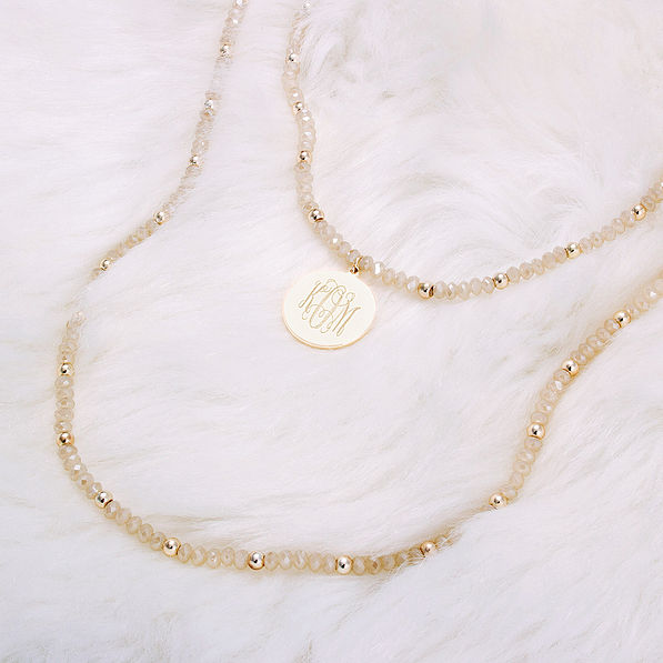 monogrammed beaded wrap disc necklace in gold