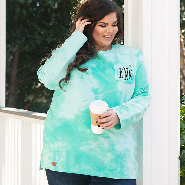 monogrammed tie dye sweatshirt with coffee