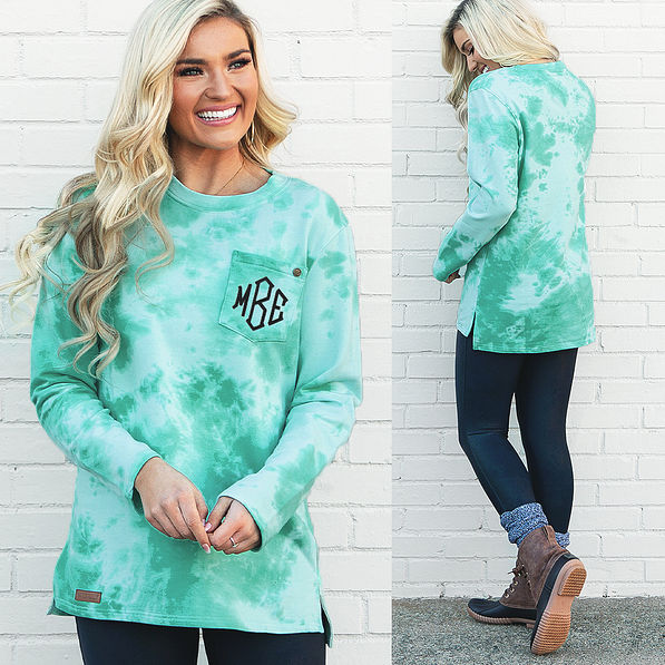 teal monogrammed tie dye sweatshirt front and back